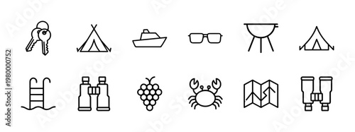 Minimalist summer travel and vacation line icon set