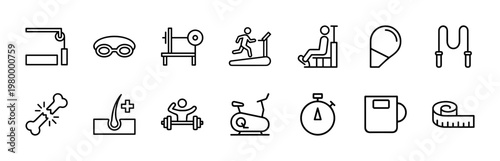 Sports and fitness minimalist line icons for gym and wellness apps