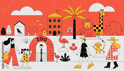 Stylized illustration of people visiting a zoo with various animals and buildings ice cream buildings flamingo elephant visiting daylight attraction recreation wildlife illustration