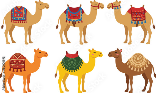 Cartoon Camel Set with Decorative Saddle Patterns, Desert Animal Collection Vector Illustration for Travel, Arabian Culture, Kids Education, and Safari Design
