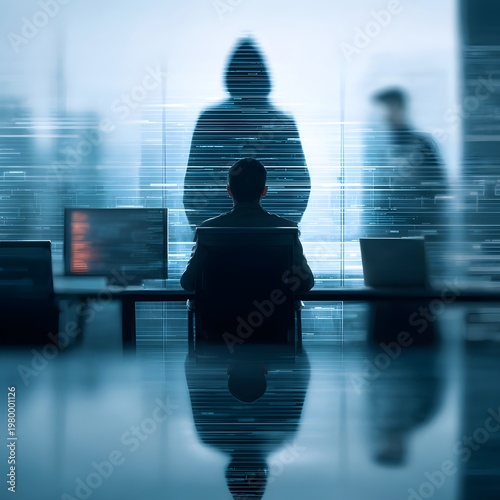 Cybersecurity Surveillance: In a dimly lit tech environment, a professional concentrates intensely at the monitor, his silhouette emphasized by the shadows of suspected intruders.
