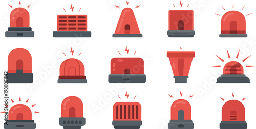 Emergency siren icon set with red beacon alarm lights, glossy flashing police and ambulance signals for hazard warning and evacuation alerts