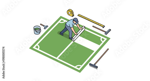 Man building green sports court surface.