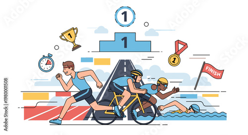 Triathlon competition illustration with athletes running, cycling, and swimming, alongside victory symbols like a podium, trophy, and medal.