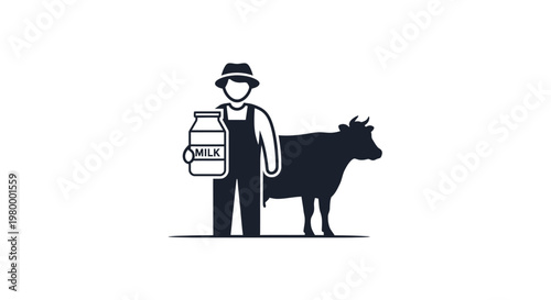 Farmer Holding Milk Jug Beside Cow.