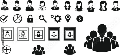 Business and Professional Icons Collection Including People, Team, Gear, Money, and Organizational Symbols