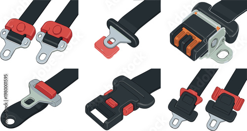 Seat belt buckle collection with different fastening mechanisms, car safety components in detailed automotive vector illustration set