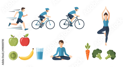 Healthy lifestyle fitness and nutrition icons collection.