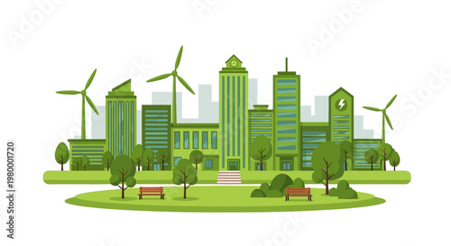 Green sustainable city skyline with wind turbines and modern buildings.