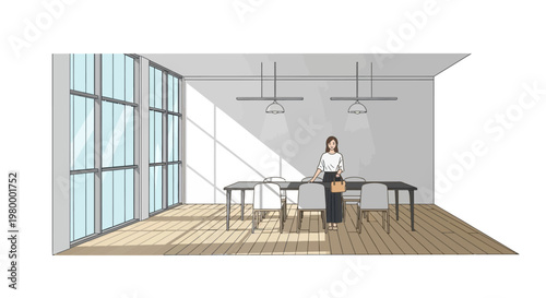 Confident businesswoman standing at desk with laptop.