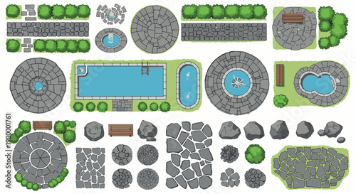 Landscape garden elements with stone paths swimming pools benches rocks green bushes and fountains for backyard map creator vector illustration design set