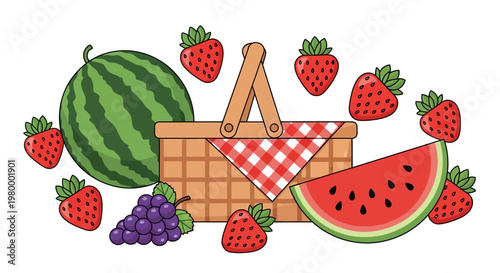 Picnic basket with watermelon strawberries and grapes illustration.