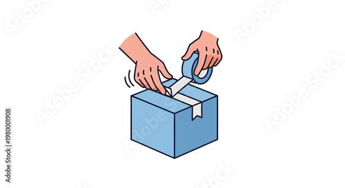 Hands sealing a blue package box.