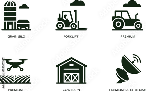 Collection of agricultural and industrial icons featuring farm machinery buildings and modern technology for farming operations