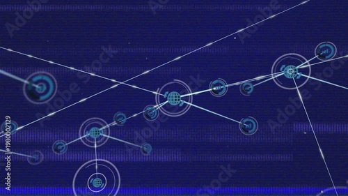 Animation of glitch effect over network of digital icons against blue background