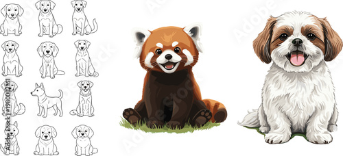 Minimalist puppy dog line art collection featuring various breeds in clean black and white outline vector drawing style.