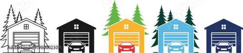 Colorful Garage Icons with Cars, Featuring Different Styles and Tree Backgrounds for Home and Automotive Designs