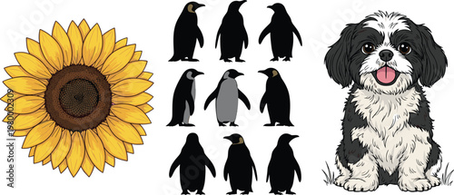 Beautiful blooming sunflower head with detailed yellow petals and brown seed center in hand drawn vector style isolated on white background