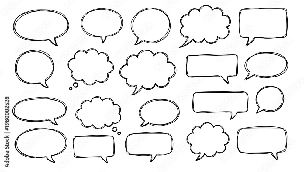 Obraz premium Hand Drawn Speech and Thought Bubbles Collection - Sketchy Black Outline Talk Clouds and Dialogue Frames on White Background