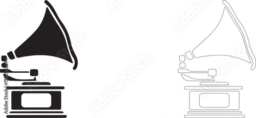Retro gramophone with large horn and wooden base texture.  Vector silhouette filled and stroked.