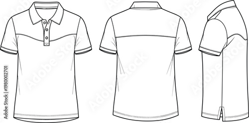 Outline Illustration of a Polo Shirt in Front, Side, and Back Views for Clothing, Fashion, and Apparel Design