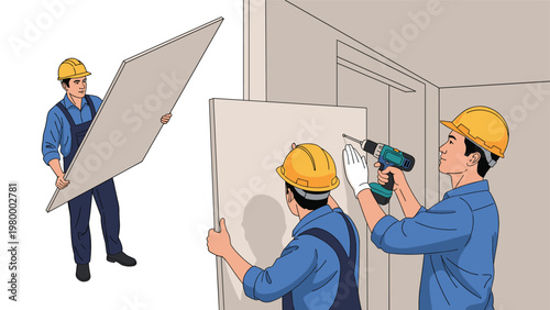 Professional construction workers in hard hats installing a drywall panel in a room using an electric drill during renovation.