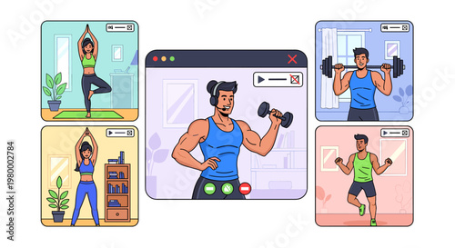 A diverse group of people participating in online fitness classes with a virtual instructor leading a workout session from a central video call window.