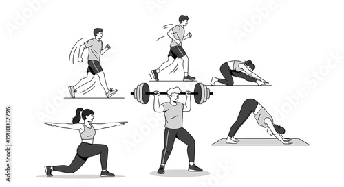 A collection of diverse fitness activities including walking, running, weightlifting, stretching, yoga, and lunges, illustrating various forms of exercise.