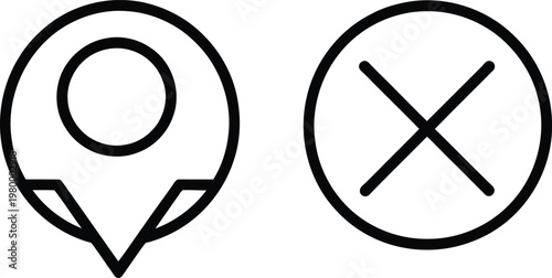 Map location pin and cross mark symbols displayed as simple black line icons for navigation usage