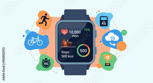 A smartwatch displaying fitness data like steps and calories, surrounded by icons representing various health and activity tracking features such as running, cycling, and cloud synchronization.