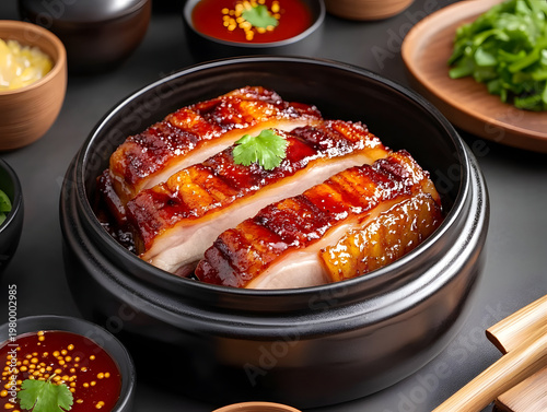 Authentic Cantonese roasted pork belly dish, deliciously prepared and tempting, served in black bowl on dark background