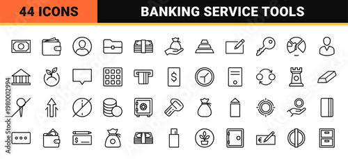 Minimalist banking and finance line icons for business and investment.