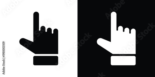 Minimalist black line art of index finger pointing up beside black square frame containing white inverted version. Clean vector duo for UI direction, selection, navigation icons in apps, websites. Sca