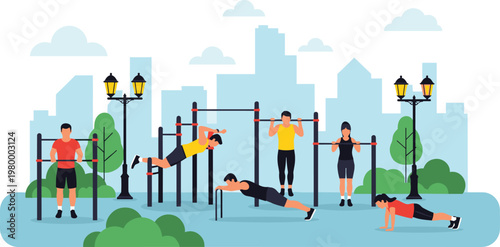 Outdoor Fitness Training in the Park with People Exercising on Bars, Push-ups, and Pull-ups for Health and Exercise Designs