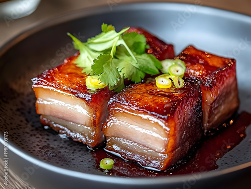 Authentic Cantonese roasted pork belly, an appetizing cuisine with succulent meat, perfectly prepared and garnished