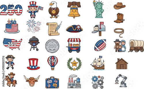 Cute America 250 Celebration Vector Icon Set. US History, Pioneers, Cowboys and Culture Symbols