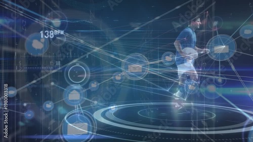 Animation of network of connections and data processing over rugby player