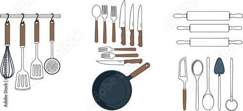 Kitchen utensils and cookware collection with hanging tools, knives, rolling pins and pan in outline vector illustration set