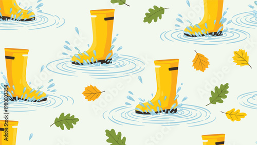 Autumn seamless pattern of yellow rubber rain boots splashing in puddles with scattered fallen leaves on light background.