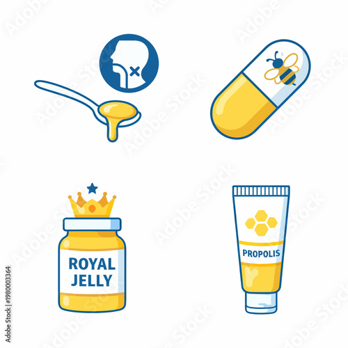 Bee Products for Health - Honey Propolis Royal Jelly World Bee Day Bee Honey bee Vector Icon set Hon