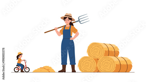 Female farmer with a pitchfork standing by hay bales while a young girl rides a bicycle on a farm during the summer day.