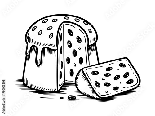 Hand-drawn black and white of a panettone cake with a slice removed, a white background