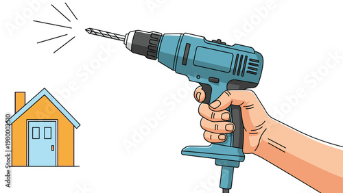 Hand holding a blue power drill pointing at a small house symbol representing home renovation construction and repair work for DIY projects.