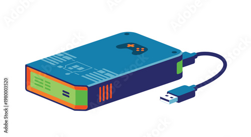 A colorful external hard drive with a USB cable on a white background