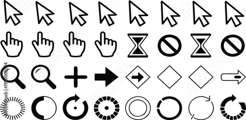 Cursor and pointer doodle icon set with line arrows and hand symbols for web UI, mouse actions, click, move and resize