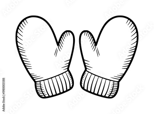 Hand-drawn black and white of mittens a white background, gloves winter clothing