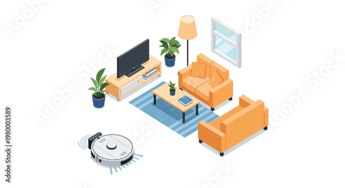 Isometric Modern Living Room Interior with Smart Robot Vacuum Cleaner Illustration