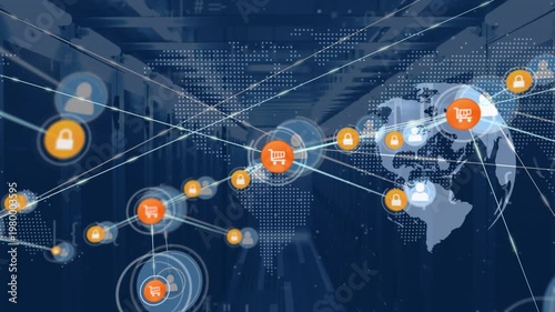 Animation of network of connections with icons and data processing over server room