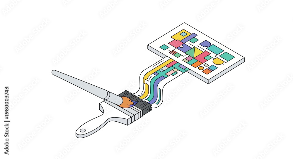 Fototapeta premium Isometric Illustration of Paintbrushes Creating Colorful Geometric Digital Art on a Screen, Concept of Graphic Design and Creative Process