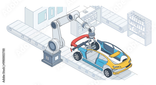 Automated Car Manufacturing Line with Industrial Robotic Arm Assembling Futuristic Vehicle in Isometric Vector Style